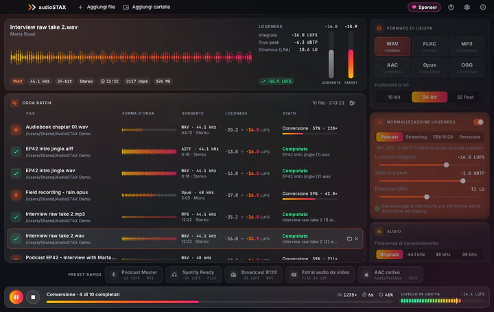 Schermata reale di AudioSTAX