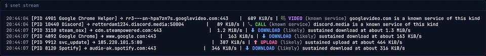 Real output of snet stream
