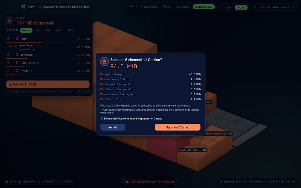 Before deleting, TreeX sums up what will be moved to the Trash