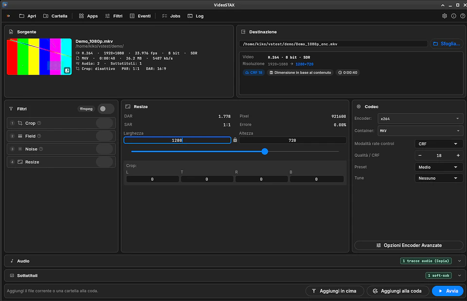 Schermata reale di VideoSTAX